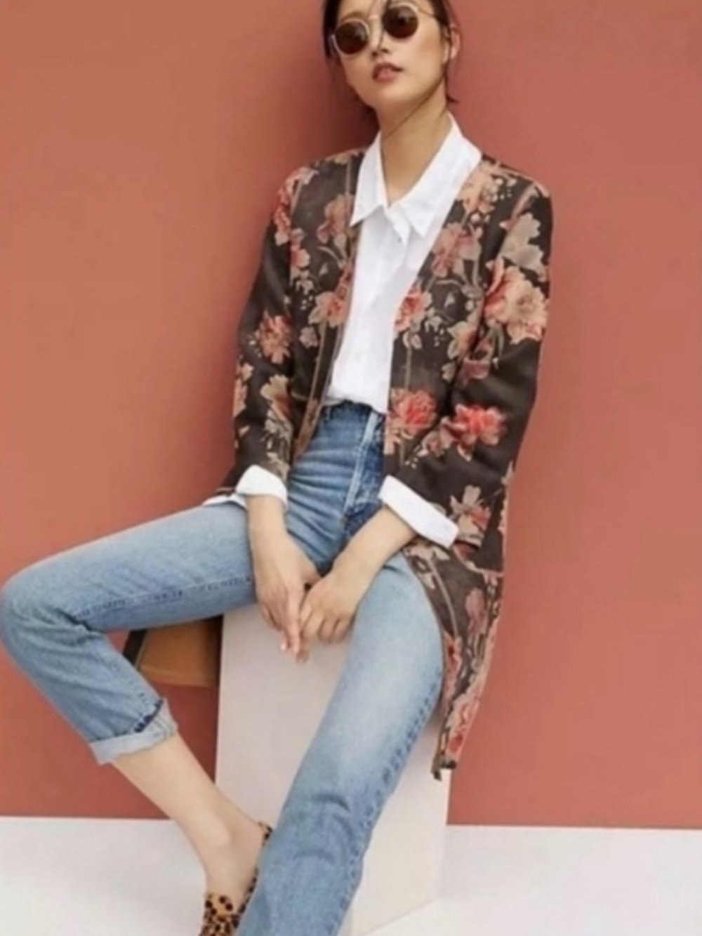 Anthropologie Solitaire floral faux suede open-front jacket